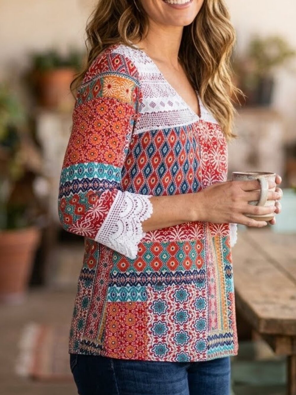 Roper Women's Top Tunic Size XS Stretchy White Lace Trim Patchwork Pattern